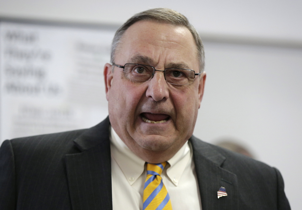 In this March 10 file photo, Gov. LePage criticizes the state’s Legislature during a news conference where he touted his “Open for Business Zones” proposal in Brunswick, Maine. The Maine Senate rejected the proposal Friday, April 11, 2014.