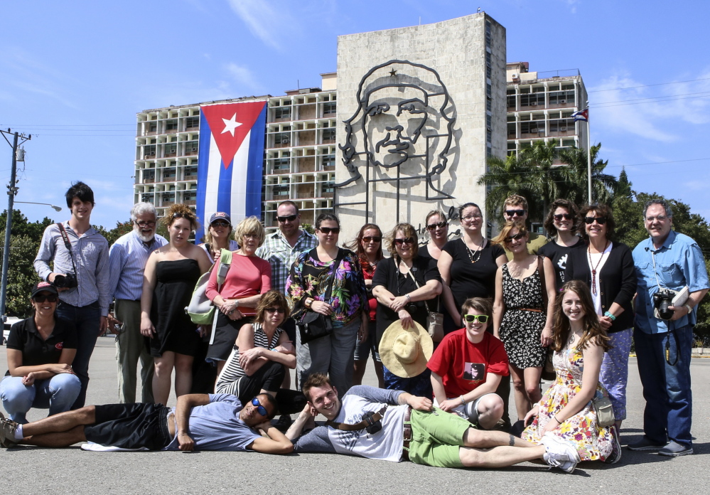 A country’s center: University of Maine at Augusta students pose in Havana’s Revolution Square during their recent trip to Cuba.