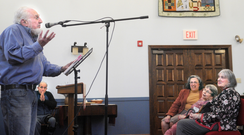 BEET POETS: Ted Bookey recites a poem Sunday at the Unitarian Universalist Church in Augusta. Bookey and members of the Beet Poets of Wayne performed.