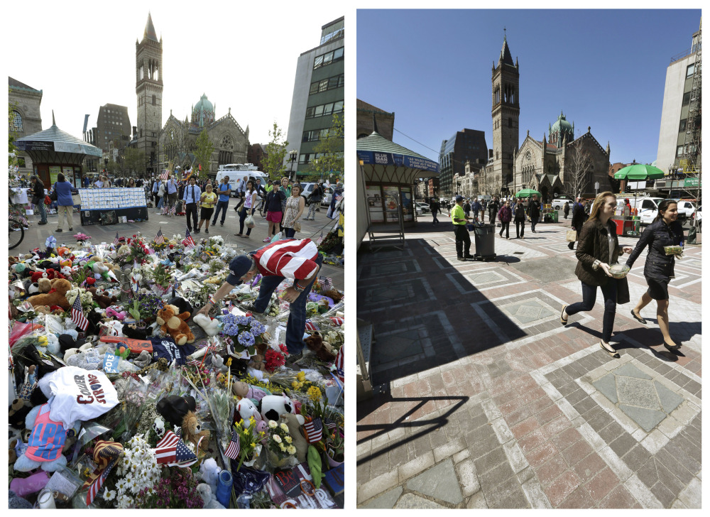 This combination of May 7, 2013, and April 10, 2014, photos shows Kevin Brown placing a Teddy bear at a makeshift memorial near the Boston Marathon finish line in Copley Square, and people walking through the same square at lunchtime nearly a year later in Boston.