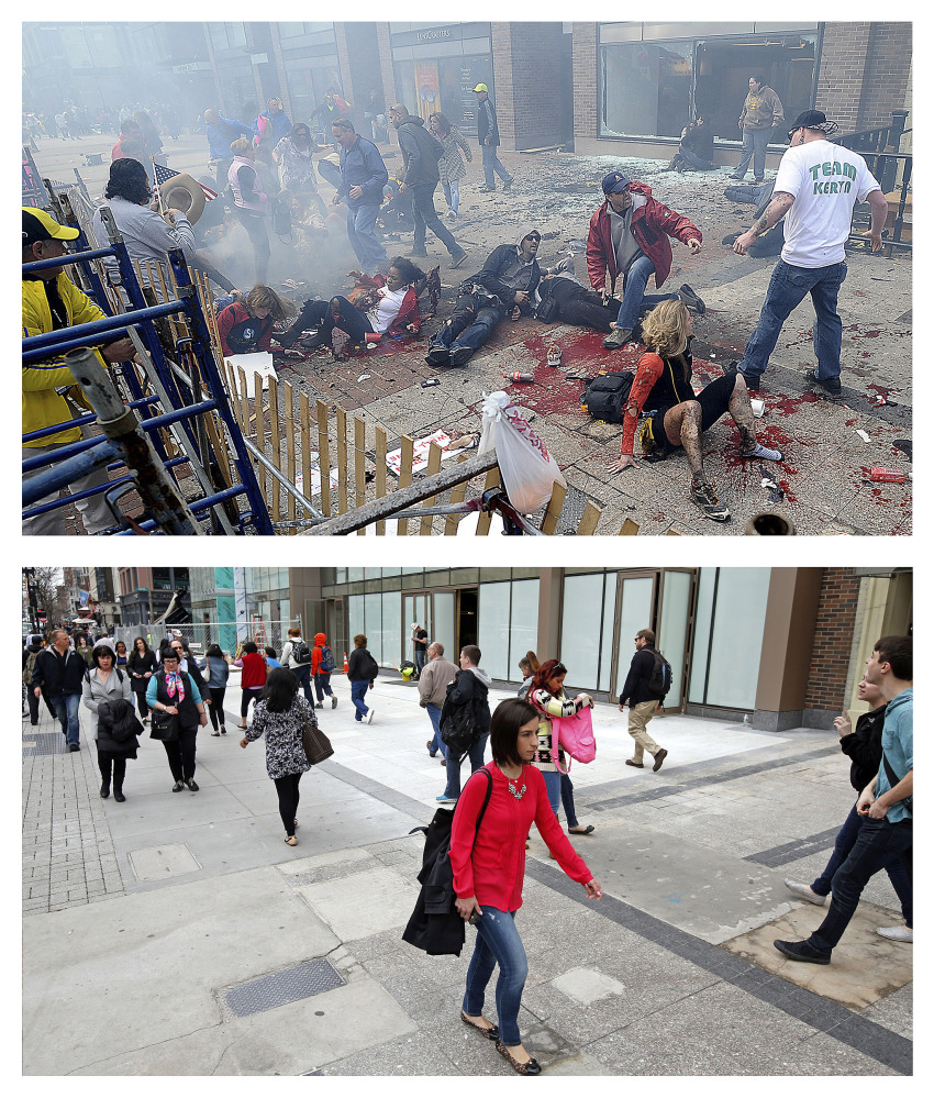 This combination of April 15, 2013, and April 10, 2014, photos show views of Boylston Street with people on the ground after the first of two bombs exploded near the finish line of the 2013 Boston Marathon, then pedestrians walking along the same sidewalk almost a year later in Boston.
