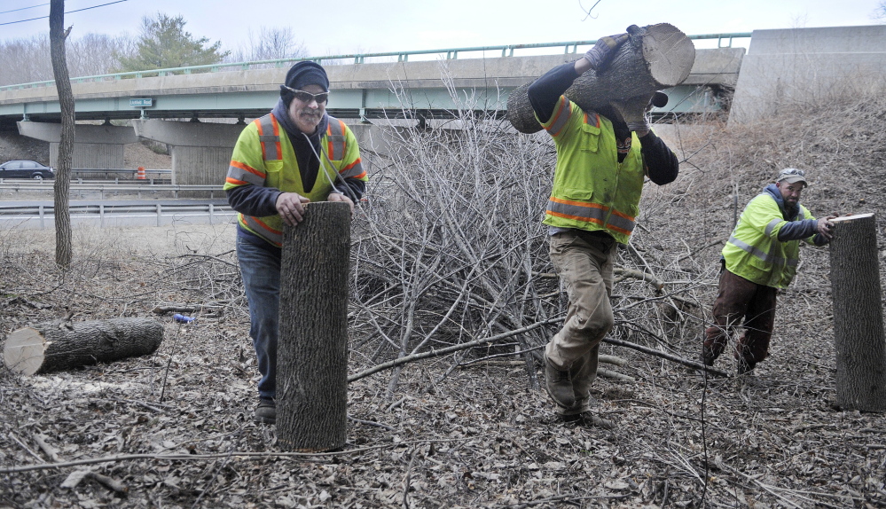 PROJECT PREPARATION: Wyman and Simpson General Contractors employees Eric Nichols, left, Brett Ulmer and Eric Levesque collect trees that were felled Tuesday to make way for the company to undertake a construction project on the bridge spanning the Maine Turnpike on Litchfield Road.