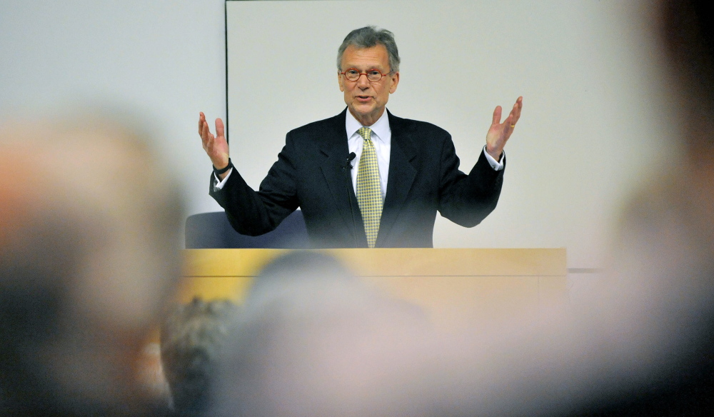 Staff photo by Michael G. Seamans Former U.S. senator and former majority leader Tom Daschle of South Dakota delivers the annual George Mitchell International Lecture at Colby College in Waterville on Wednesday.