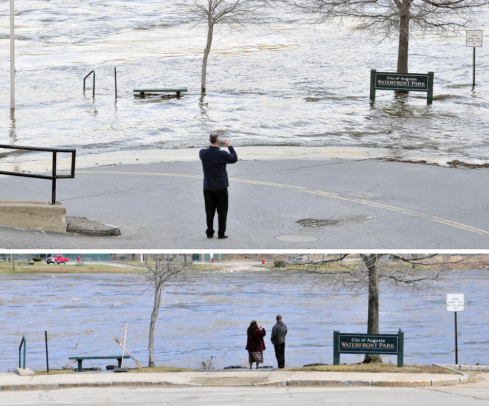 The top photo shows Waterfront Park on Wednesday night, when the water was several feet higher than it was on Thursday afternoon, in the bottom photo.