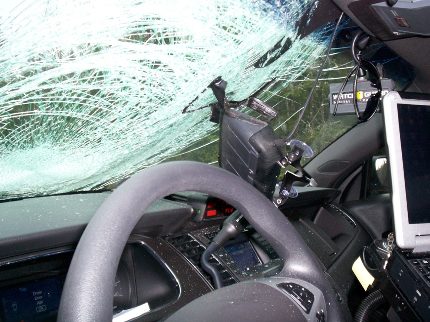 The turkey that collided with Maine State Trooper Tucker Bonnevie’s cruiser early Thursday morning broke the windshield and left a large dent on the driver’s side.