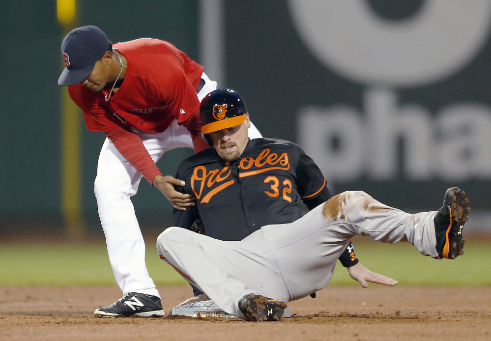 Boston Red Sox’s Xander Bogaerts (2) puts the tag on Baltimore Orioles’ Matt Wieters, who was out trying to steal second base in the second inning of a baseball game in Boston, Friday, April 18, 2014.
