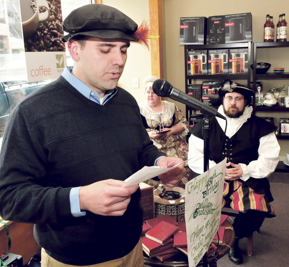 WELL READ: Fairfield Town Manager Josh Reny was one of many people to read one of Shakespeare’s sonnets in Waterville Wednesday on the 450th anniversary of his birth. At right is Joshua Fournier, dressed up as the Bard.