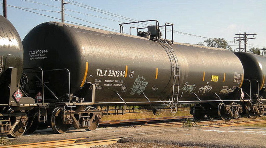 The DOT-111 tank car is considered the workhorse of the American and Canadian rail fleets and makes up about 70 percent of all tankers on the rails. This DOT-111 has a capacity of 30,110 gallons.