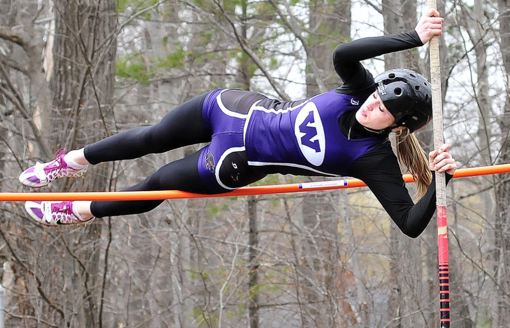 Staff photo by David Leaming Waterville's Sarah Shoulta competes in the pole vault event during track meet in Waterville on Thursday, April 24, 2014.