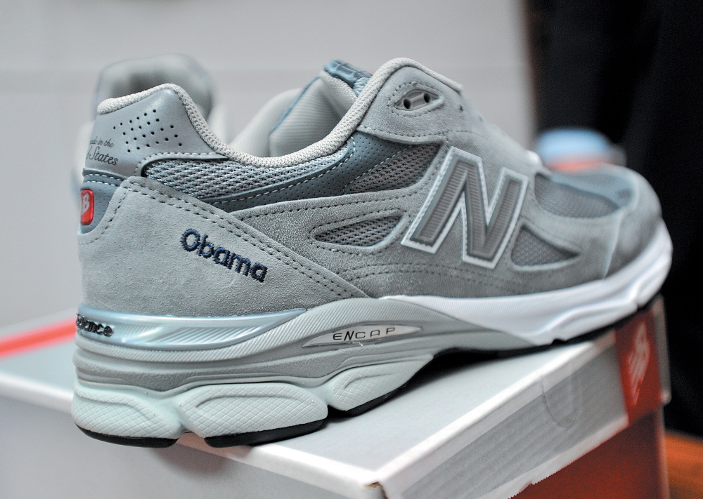 PRESIDENTIAL FOOTWEAR: The pair of New Balance running shoes custom made for President Barack Obama at the New Balance shoe factory in Norridgewock in March 2012.