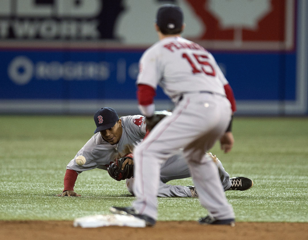 Red Sox shortstop Xander Bogaerts tries to field a ground ball on an infield single from Blue Jays outfielder Jose Bautista as Dustin Pedroia anticipates a play at second base Sunday in Toronto.