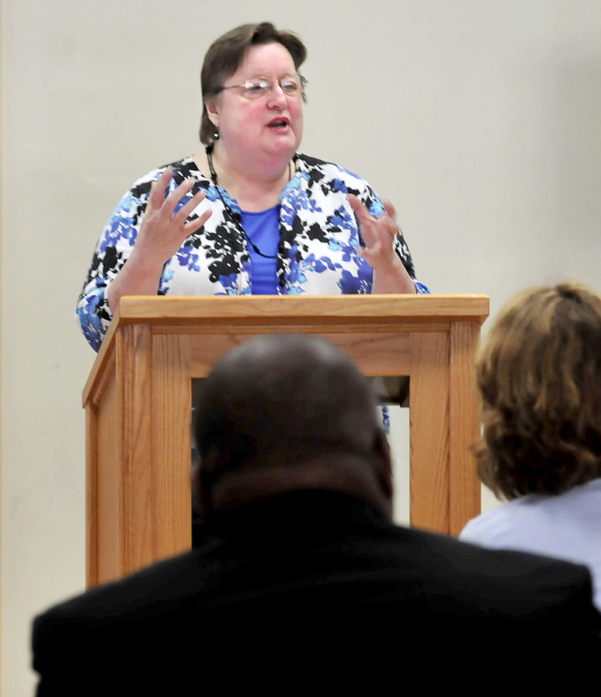 REAL ISSUE: Betty Palmer, executive director of the Mid-Maine Homeless Shelter in Waterville, speaks about the issue of youth homelessness, which the organization has seen firsthand, during a forum on the subject on Wednesday.