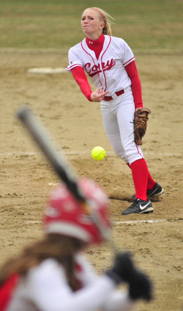 Staff photo by Joe Phelan Cony pitcher Arika Brochu throws to plate during a game on Wednesday April 30, 2014 at Cony Family Field in Augusta.