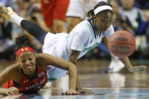 Notre Dame guard Jewell Loyd, right, and Maryland guard Lexie Brown vie for a loose ball during the first half of the championship game in the Final Four of the NCAA women's college basketball tournament Sunday in Nashville.