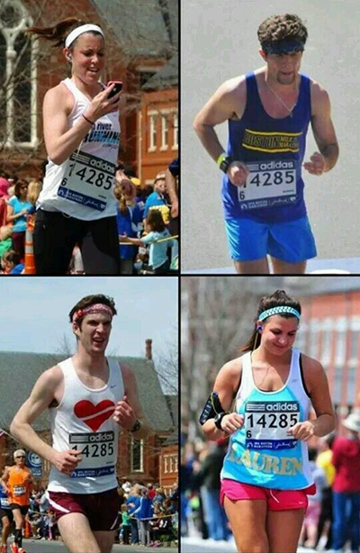 This image posted by Karen Bonneau on Twitter shows four people wearing the same number Bonneau wore during the Boston Marathon.