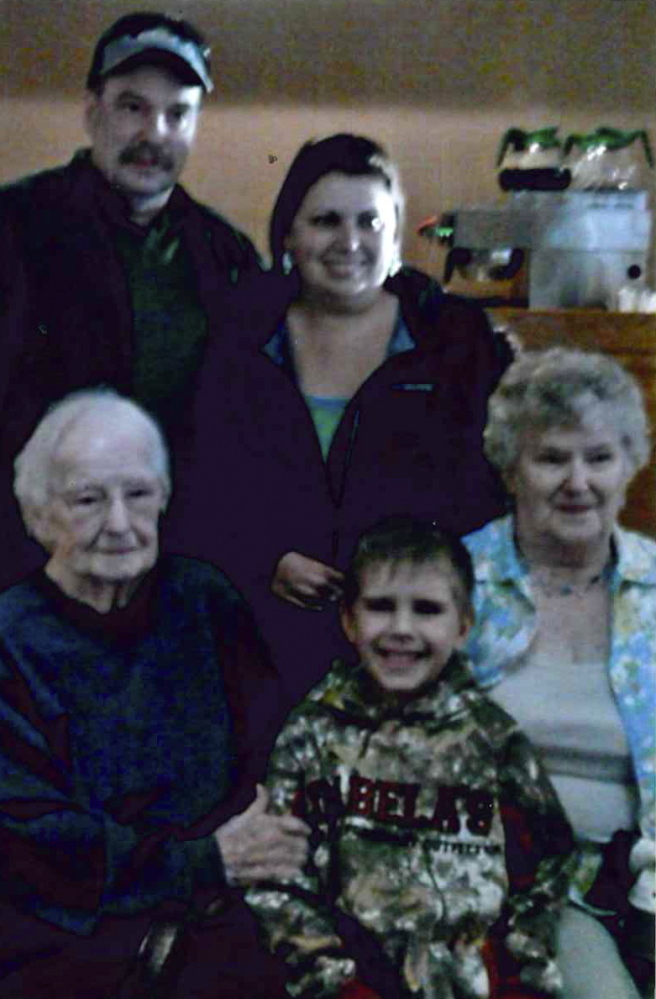 FAMILY PHOTO: A surprised birthday party was given to Ervina (Vina) Goodridge, of Norridgewock at Ken’s Family Restaurant by her children. Goodridge turned 96 on April 10. A five generation photo was taken. In front, from left, are Ervina Goodridge, of Norridgewock; Brady Ducharme, of Skowhegan; Betty Libby, of Norridgewock, Arthur Libby, of Fairfield Center. In back, from left, are Arthur Libby, of Noridgewock; and Andrea Ducharme, of Skowhegan.