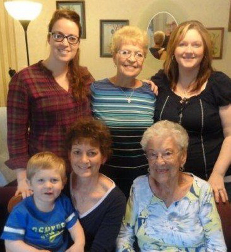 Contributed photo Family photo: In front, from left, are Blake Tibbetts, 2, of Belgrade; Suzie Laney, of Mount Vernon; Irene Dumont, 95, of Skowhegan. In back, from left, are Amanda Laney, of Augusta; Elaine Folsom, of North Fort Meyers, Fla.; and Alyssa Tibbetts, of Belgrade.
