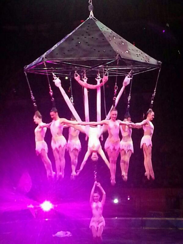 Performers hang in a chandelier formation during a ‘hairialist’ stunt at the Ringling Brothers and Barnum and Bailey Circus on Friday in Providence, R.I.