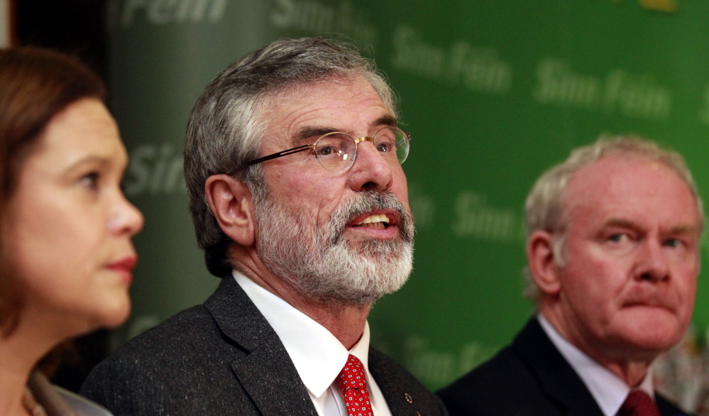 Gerry Adams speaks in West Belfast, Northern Ireland, on Sunday. Adams said he was chiefly questioned about audiotape interviews IRA veterans gave to Boston College.