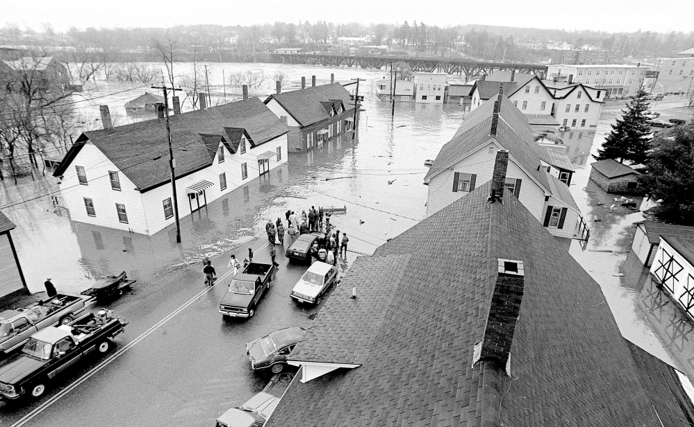 1987: Flooding on Bond Street after Bond Brook and the Kennebec River spilled over their banks in Augusta in 1987.