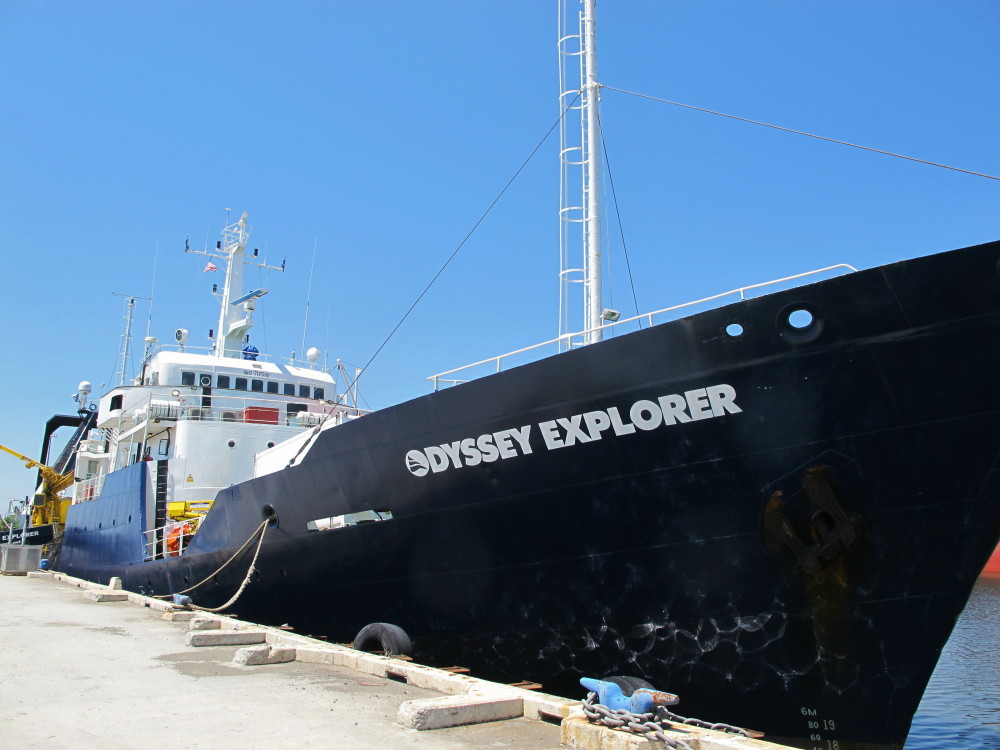 The Odyssey Explorer sits at a dock in North Charleston, S.C., in this April 22, 2014, photo.