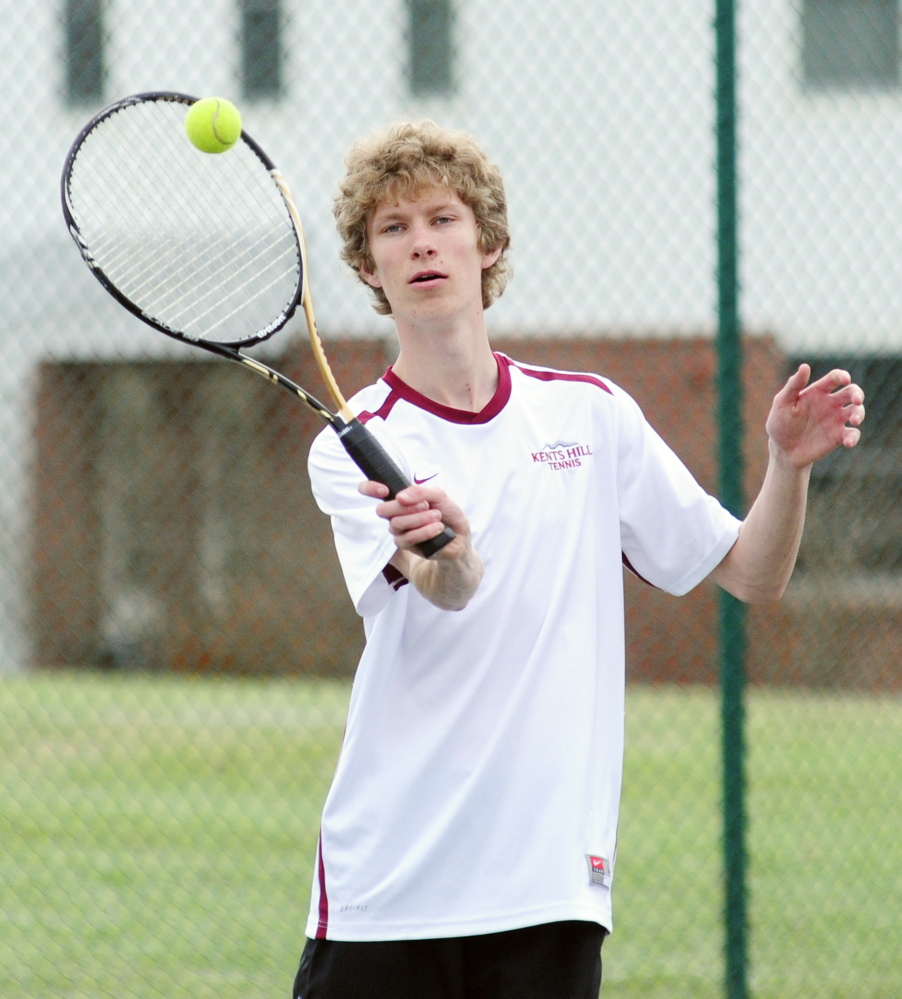 READFIELD, ME - MAY 1: Robert Patenaude, of Augusta, returns a shot during tennis practice on Thursday May 1, 2014 at Kents Hill School in Readfield. (Photo by Joe Phelan/Staff Photographer)