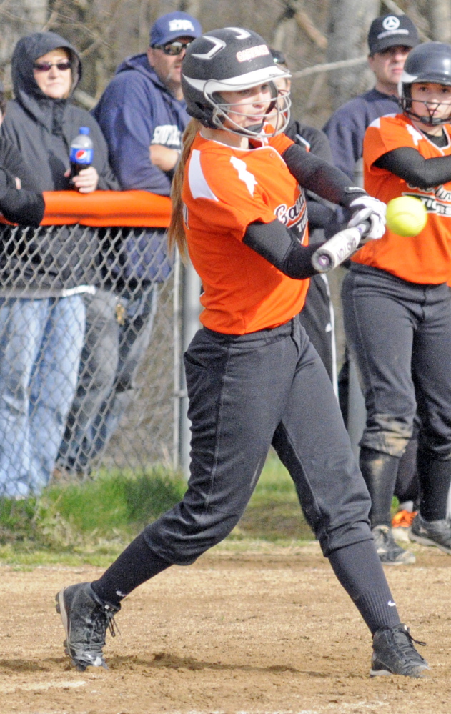 Gardiner’s Julia Nadeau hits a bases clearing two-run double in the fourth inning on Tuesday May 6, 2014 during a game at Gardiner Area High School. (Photo by Joe Phelan/Staff Photographer)