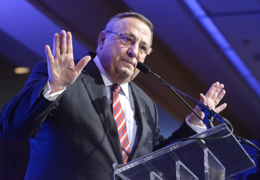 Gov. Paul LePage speaks Thursday morning at the Portland Regional Chamber’s Eggs & Issues breakfast at the Holiday Inn by the Bay in Portland.