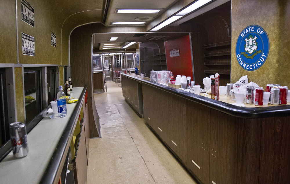 The bar car on the 7:07 p.m. train from Grand Central Terminal in New York to New Haven, Conn., is empty of riders after its run on Thursday. The cars have been a fixture on Metro-North Railroad trains for at least a half century.