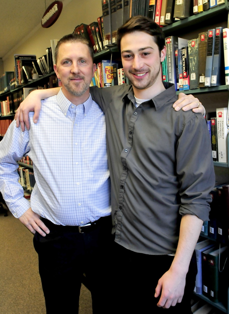 COLLEGE BUDDIES: Randy Hoyt, left, of Wilton, and his son Jordan will graduate from Thomas College in Waterville on Saturday.
