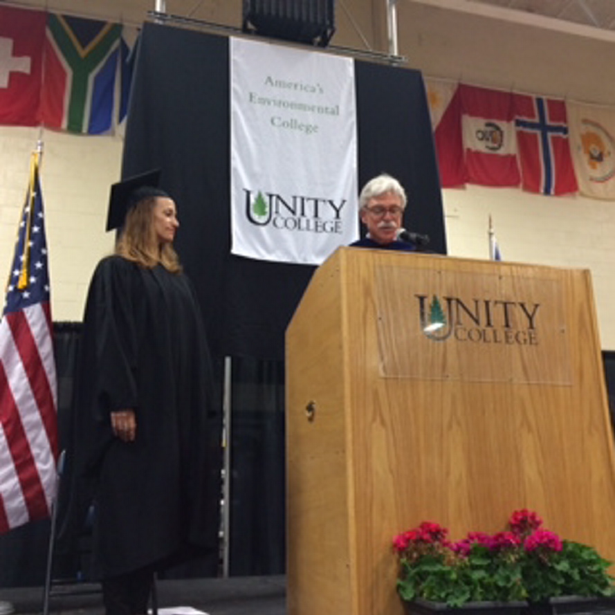 Unity College President Stephen Mulkey introduces keynote speaker Celine Cousteau at Saturday's commencement on May 10, 2014. Staff photo by Rachel Ohm.