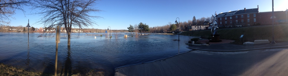 Flooded: Water spilled over the banks of the Kennebec in Gardiner earlier this year.