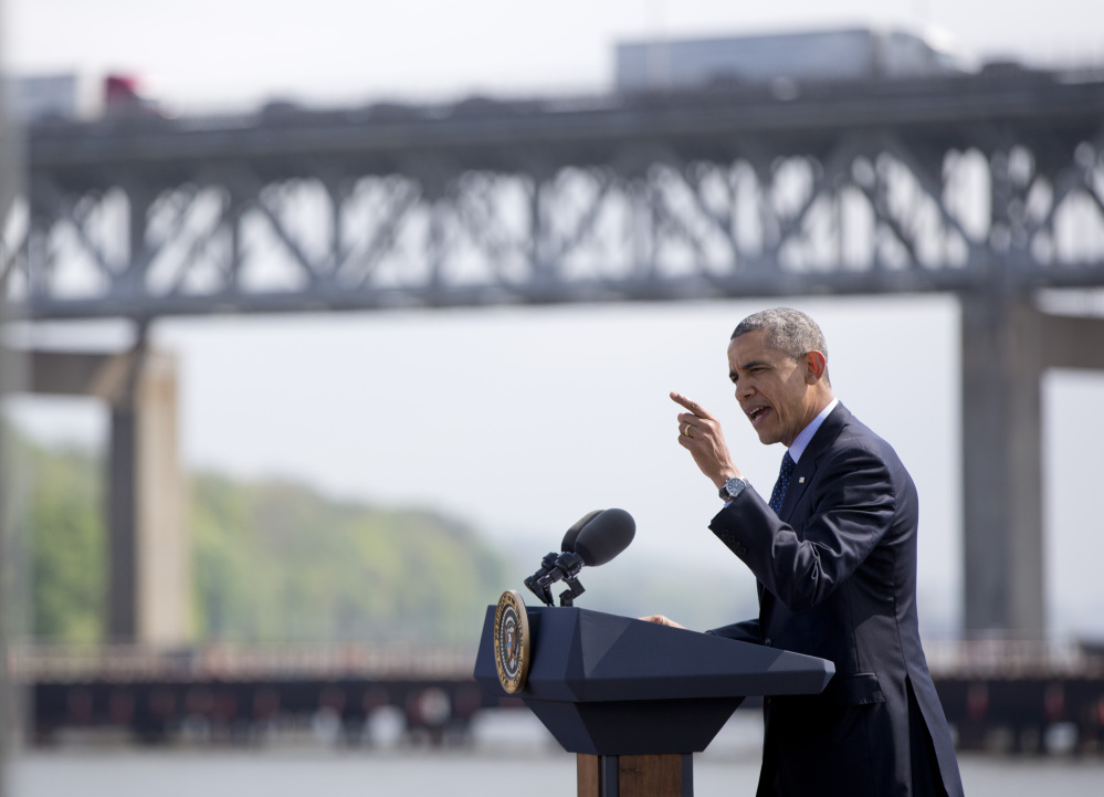 President Barack Obama speaks in Tarrytown, N.Y., near the Tappan Zee Bridge, Wednesday, May 14, 2014, about the need for a 21st Century Transportation Infrastructure.