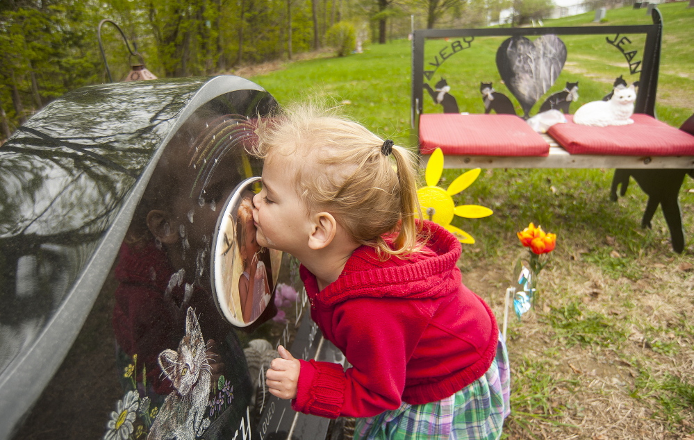 Kiss: Riley Souzer, 2, kisses the headstone of her half-sister, Avery Jean Lane, at the North Fairfield Friends Meeting House cemetery on Thursday. It’s an act that Riley performs each time she visits her half-sister’s resting place. Lane’s grave site was recently vandalized and authorities are still searching for the culprits.