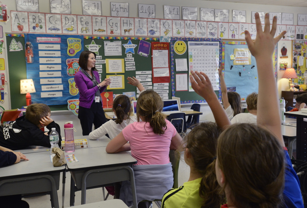 Tracy Burns teaches third grade at the Narragansett School in Gorham, which improved by two letter grades.