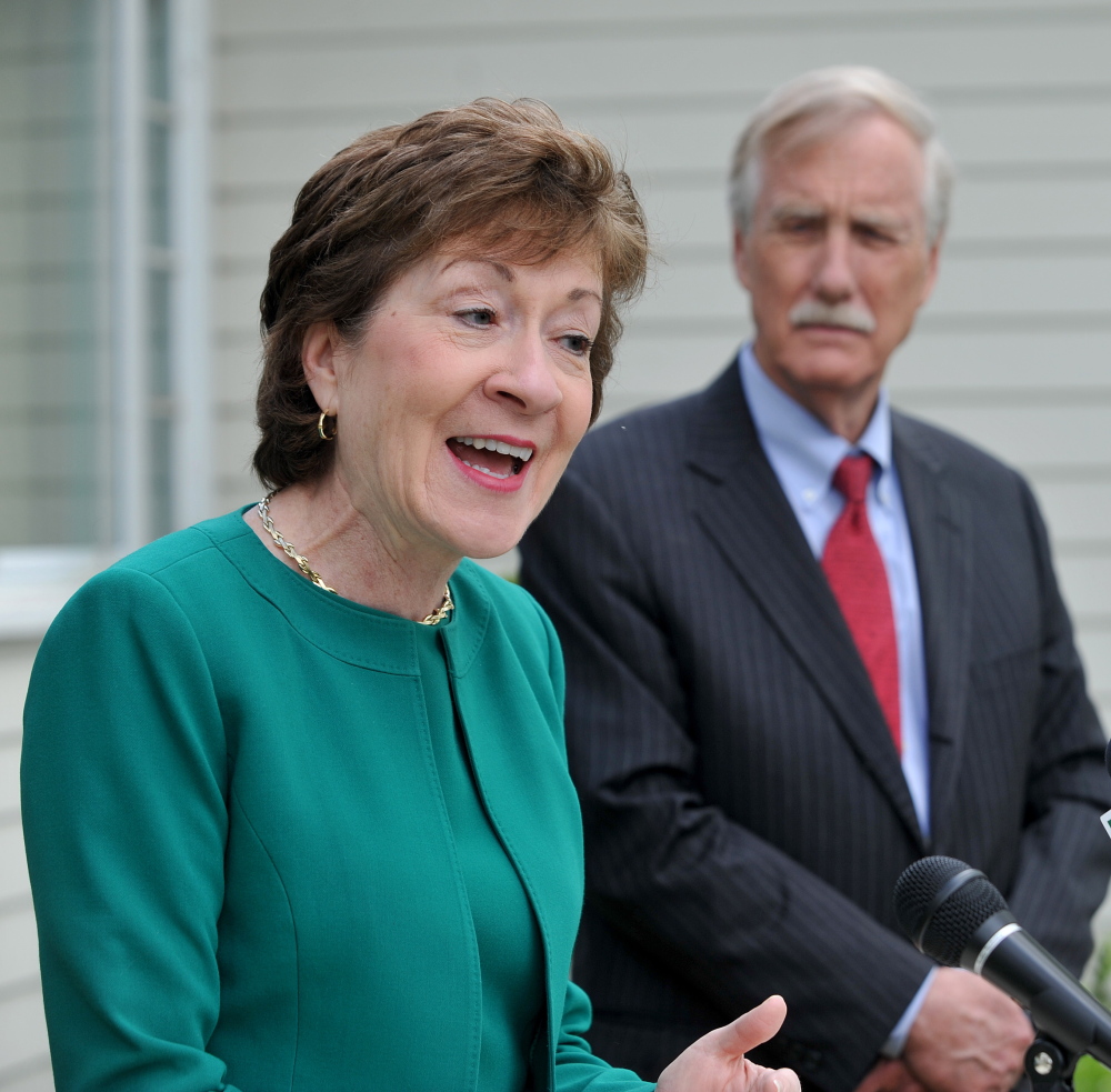 Sens. Susan Collins and Angus King stand outside the Margaret Chase Smith Library, where King endorsed Collins for re-election.