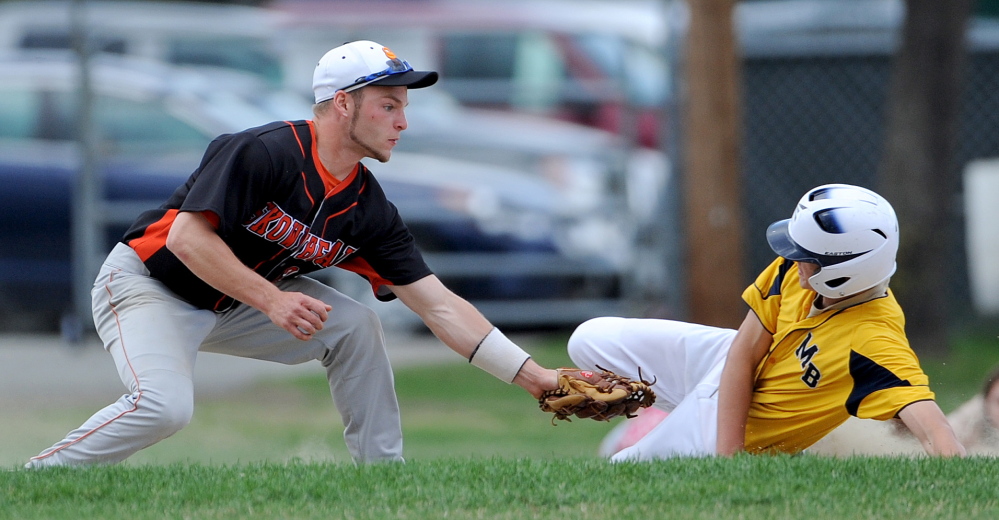 Staff photo by Michael G. Seamans NO STEALING: Skowhegan High School’s Ben Salley, 21, tags out Ritchie Storer, 5, on a steal attempt in Farmington on Friday.