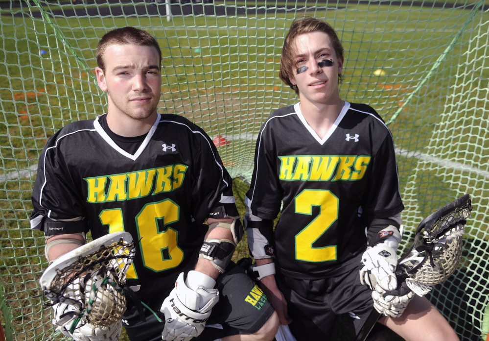 Staff photo by Andy Molloy DYNAMIC DUO: Maranacook/Winthrop's Zach Glazier, left, and Toby Smith are the leading scorers for the lacrosse team.
