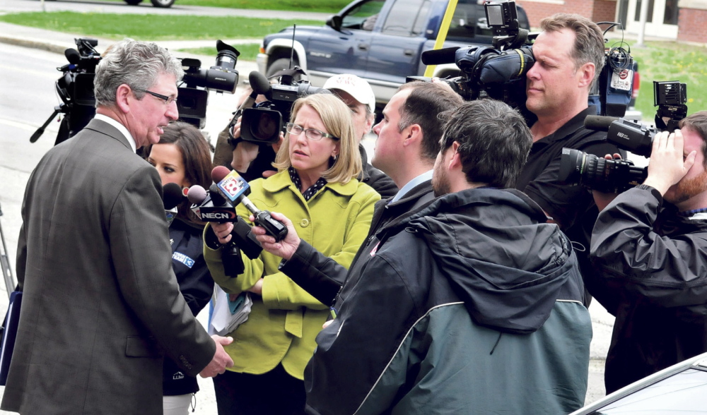 Case explained: Deputy Attorney General Bill Stokes speaks to reporters following hearings at Skowhegan courthouse on charges against Kelli Murphy, 12, in the death of Brooklyn Foss-Greenaway in 2012.