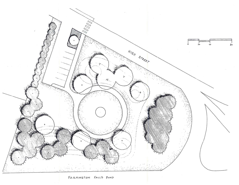 PROPOSED IMPROVEMENT: A preliminary sketch shows a proposal to landscape a town owned lot at the intersection of Farmington Falls Road, also U.S. Route 2, and High Street. The darker circles represent proposed coniferous trees and the light circles are for deciduous trees.