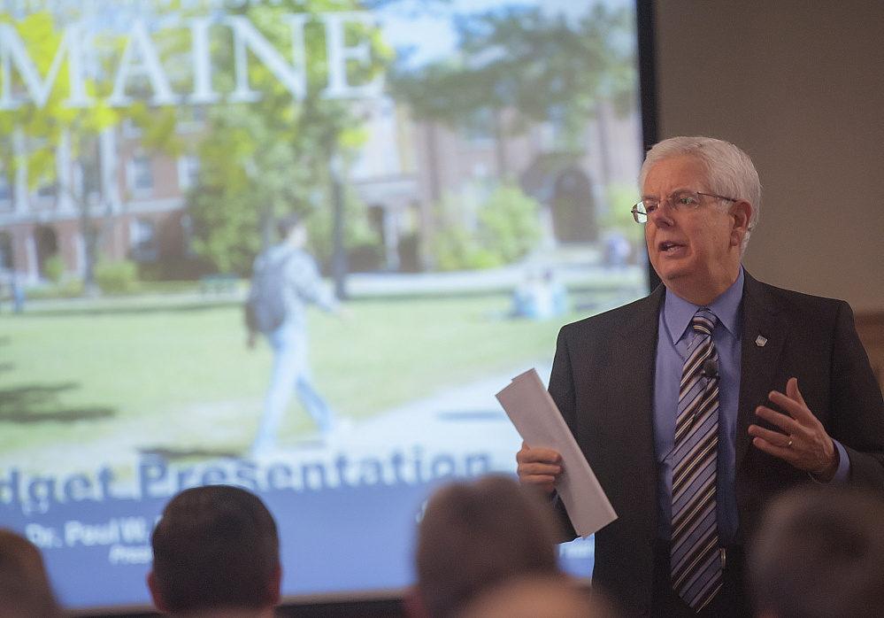 University of Maine President Paul Ferguson speaks during a budget presentation to university employees in Orono in March.