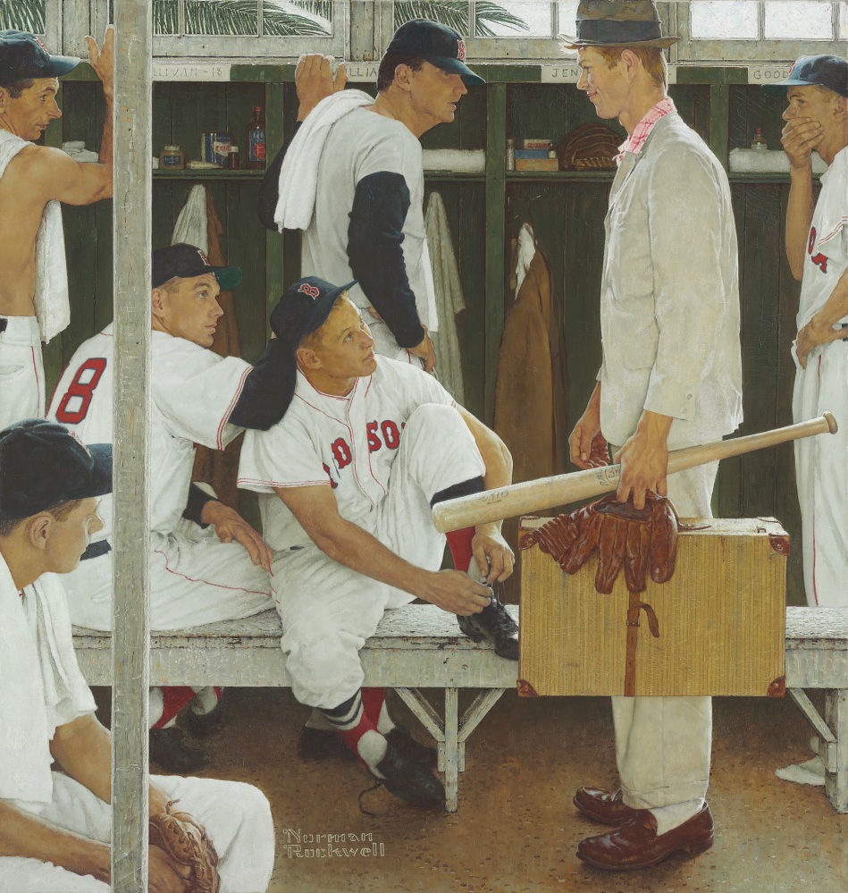 Norman Rockwell’s “The Rookie (Red Sox Locker Room),” showing pitcher Frank Sullivan, right fielder Jackie Jensen and catcher Sammy White, second baseman Billy Goodman and Hall of Famer Ted Williams, was exhibited this month at Fenway Park and the Museum of Fine Arts in Boston.
