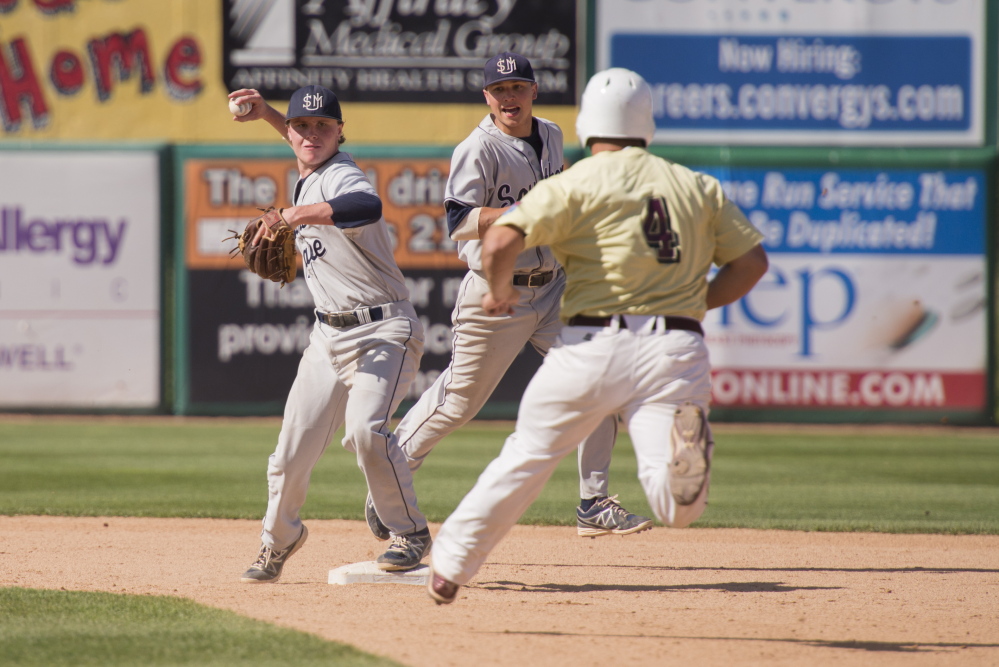 University of Southern Maine second baseman Paul McDonough makes the turn on a game-ending double play in the ninth inning against Salisbury University in the NCAA Division III Championships at Neuroscience Group Field in Appleton, Wis., on Saturday.