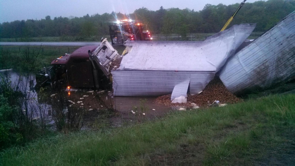 Mashed potatoes: A tractor-trailer truck carrying potatoes from northern Maine crashed on Interstate 295 in Richmond Tuesday night and went over an embankment, spilling its load.