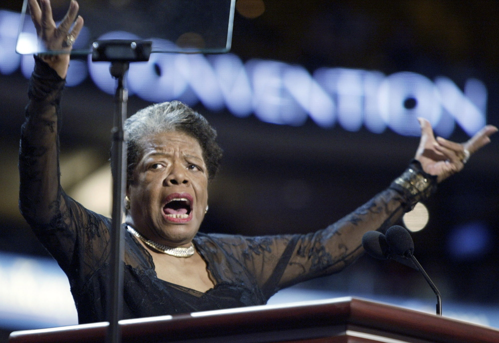 Poet and activist Maya Angelou speaks on stage during the Democratic National Convention in Boston in July 2004. She wrote the poem “On the Pulse of Morning” for President Bill Clinton’s inauguration in 1993.