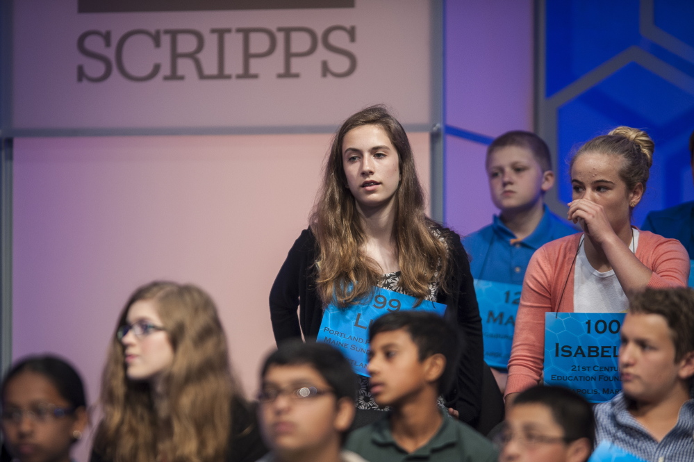 Lucy Tumavicus, 14, of Portland participates in the preliminaries of the 87th Scripps National Spelling Bee on Wednesday in National Harbor, Md. Maine’s representative at the nationals did not advance, but “feels really good about what she did,” said her mother, Megan Tumavicus of Portland.