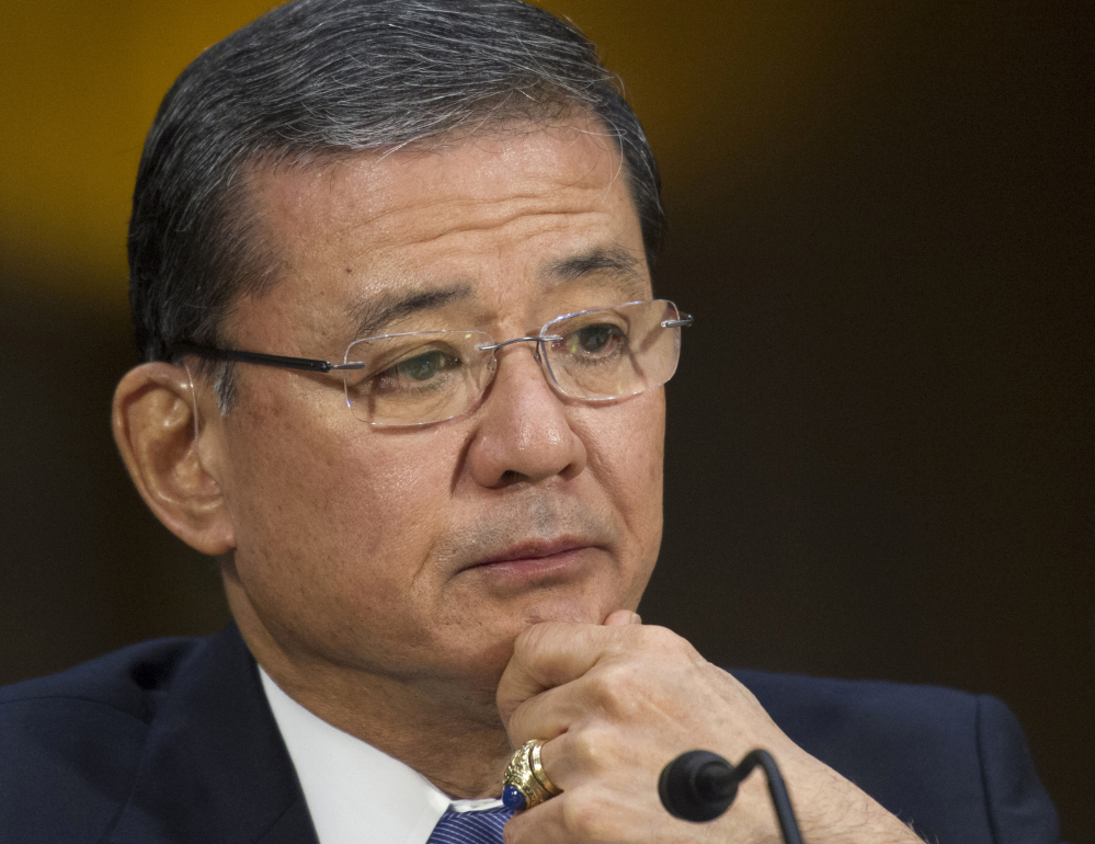 Veterans Affairs Secretary Eric Shinseki testifying on Capitol Hill in this May 15, 2014, photo. Dozens of Republicans, including the head of the House Veterans’ Affairs Committee and House Majority Whip Kevin McCarthy, R-Calif., have called for Shinseki to leave.