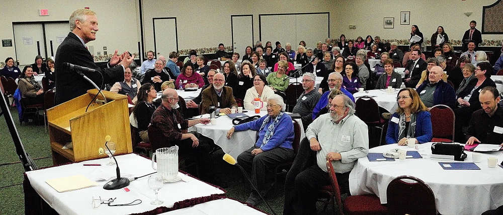 Sen. Angus King, I-Maine, speaks at the Maine Summit on Aging on Jan. 17 in Augusta.
