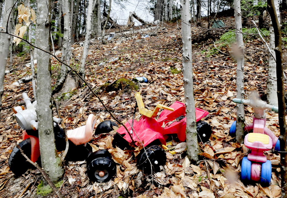 NO THANKS: Children toys and other household items litter the woods off Penney Road in Belgrade.