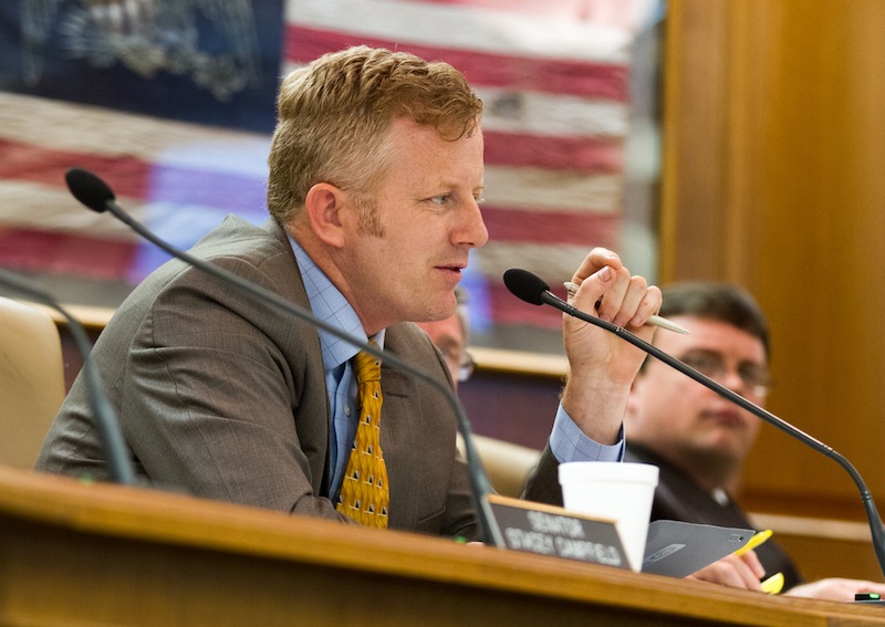 In this May 16, 2013, file photo, Republican state Sen. Stacey Campfield of Knoxville speaks at a Senate subcommittee hearing in Nashville, Tenn. Campfield was criticized by leaders of both the Republican and Democratic parties in Tennessee on Monday, May 5, 2014, for writing a blog post likening the insurance requirement under President Barack Obama's health care law to the forced deportation of Jews during the Holocaust.